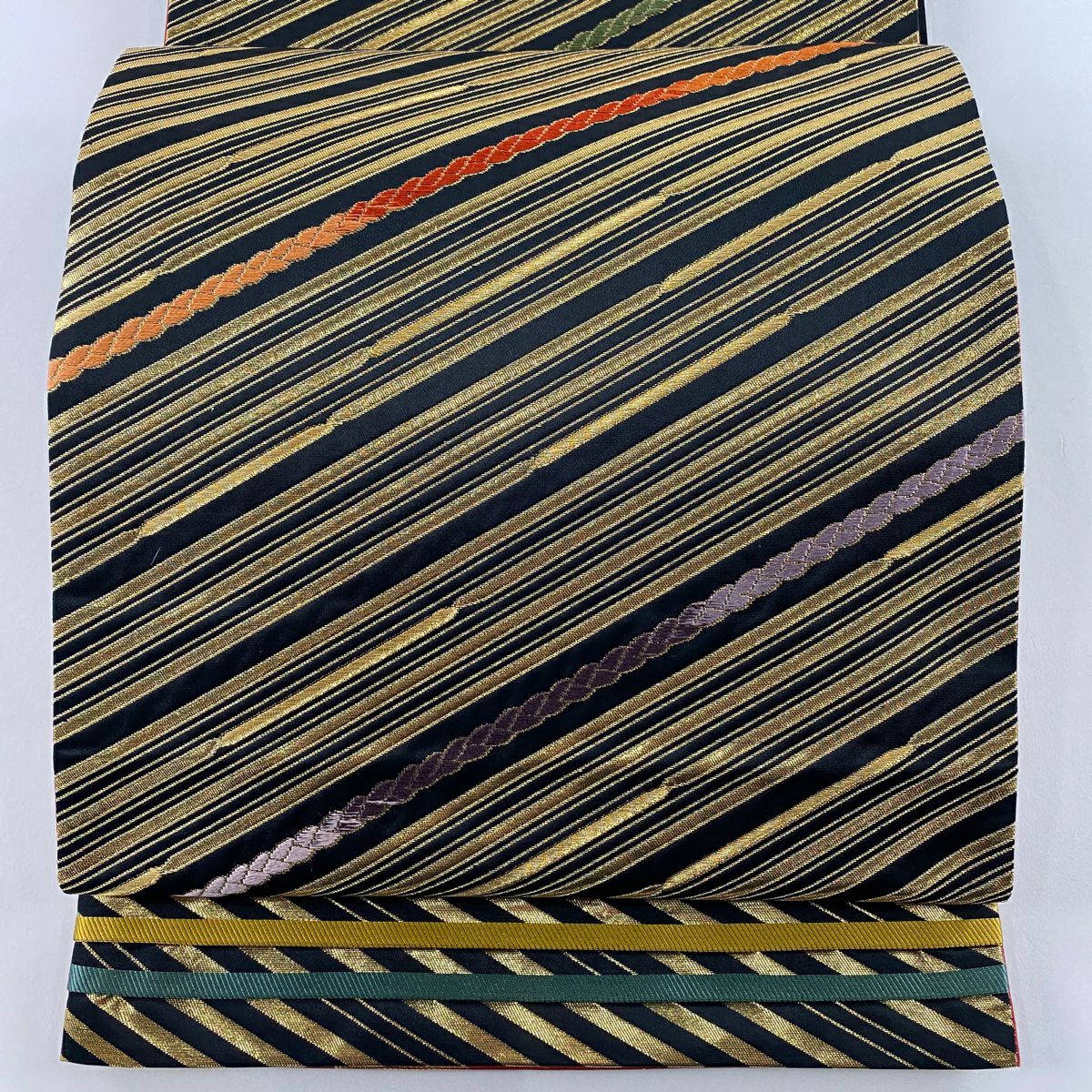 【美品】 袋帶 秀品級 斜紋 紐 刺繡 金線 黑 六通 純蠶絲