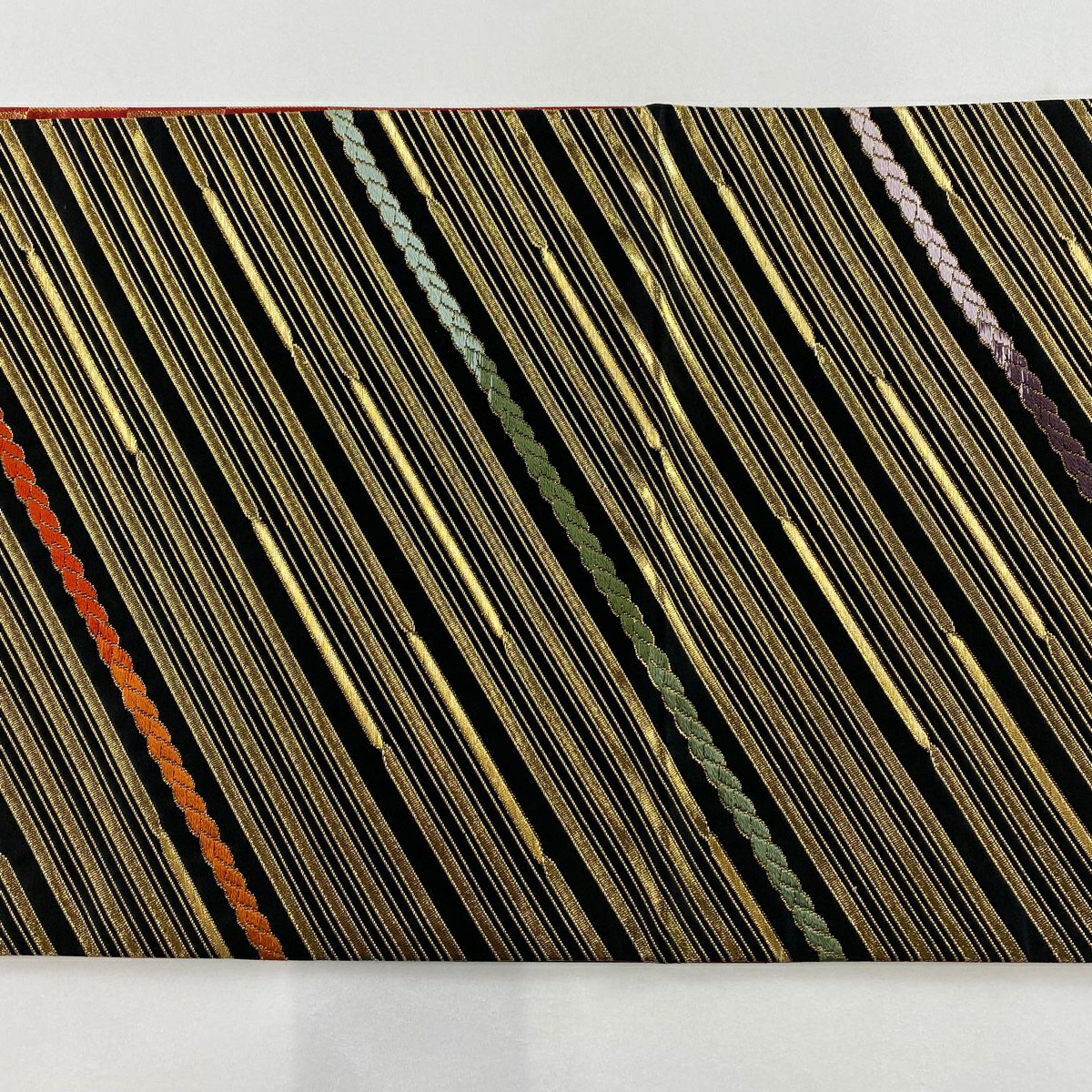 【美品】 袋帶 秀品級 斜紋 紐 刺繡 金線 黑 六通 純蠶絲