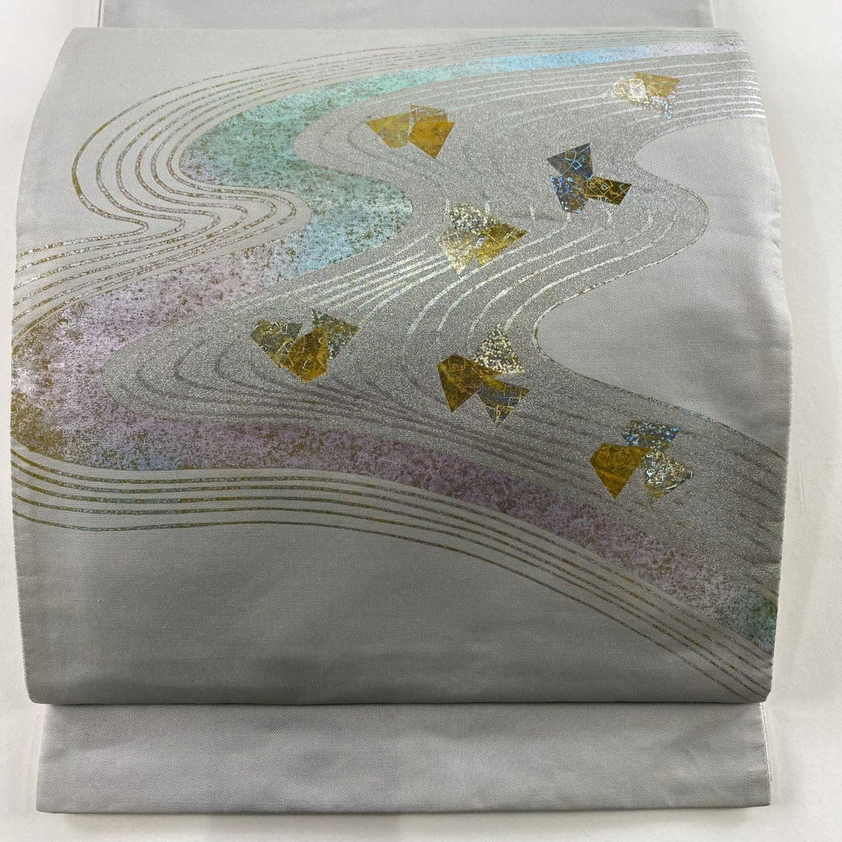 袋帶 秀品級 流水 幾何圖案 金銀彩 灰 純蠶絲