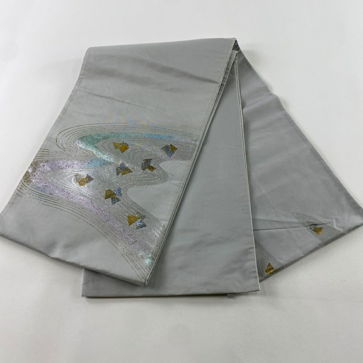 袋帶 秀品級 流水 幾何圖案 金銀彩 灰 純蠶絲