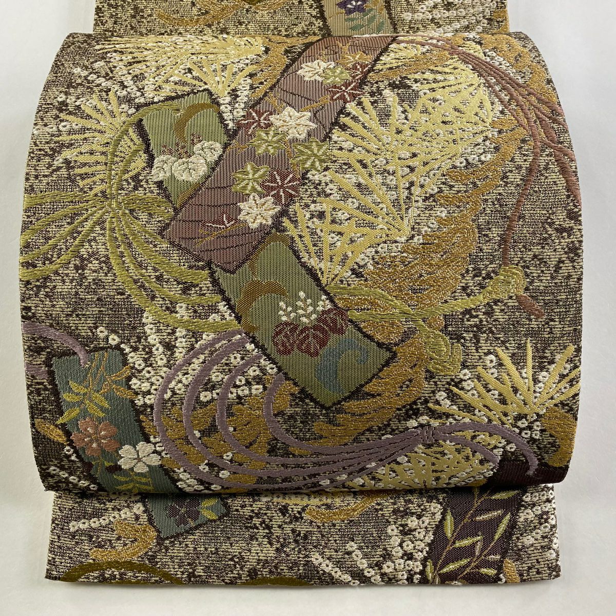 【美品】 袋帶 秀品級 短冊 桐 金絲 茶 六通 純蠶絲