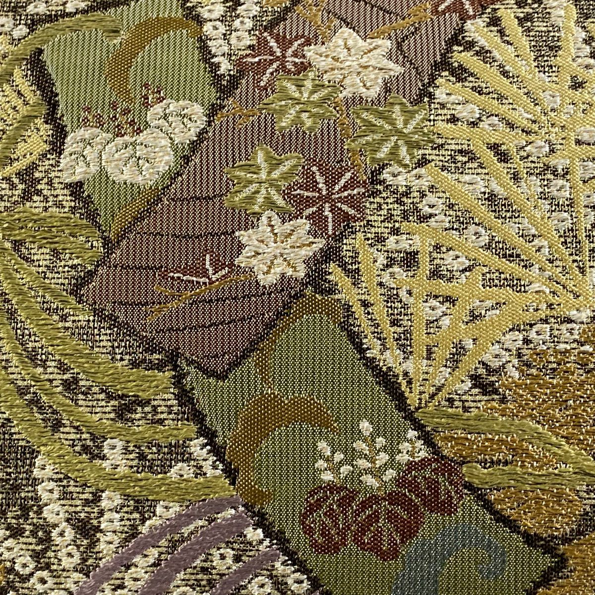 【美品】 袋帶 秀品級 短冊 桐 金絲 茶 六通 純蠶絲