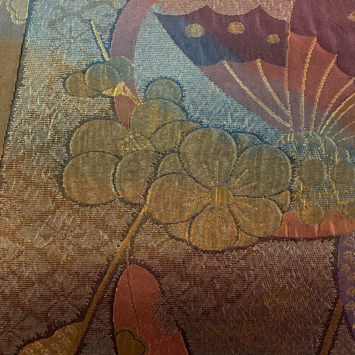 【美品】 袋帶 秀品級 蝶 花菱 金金箔 茶 六通 純蠶絲