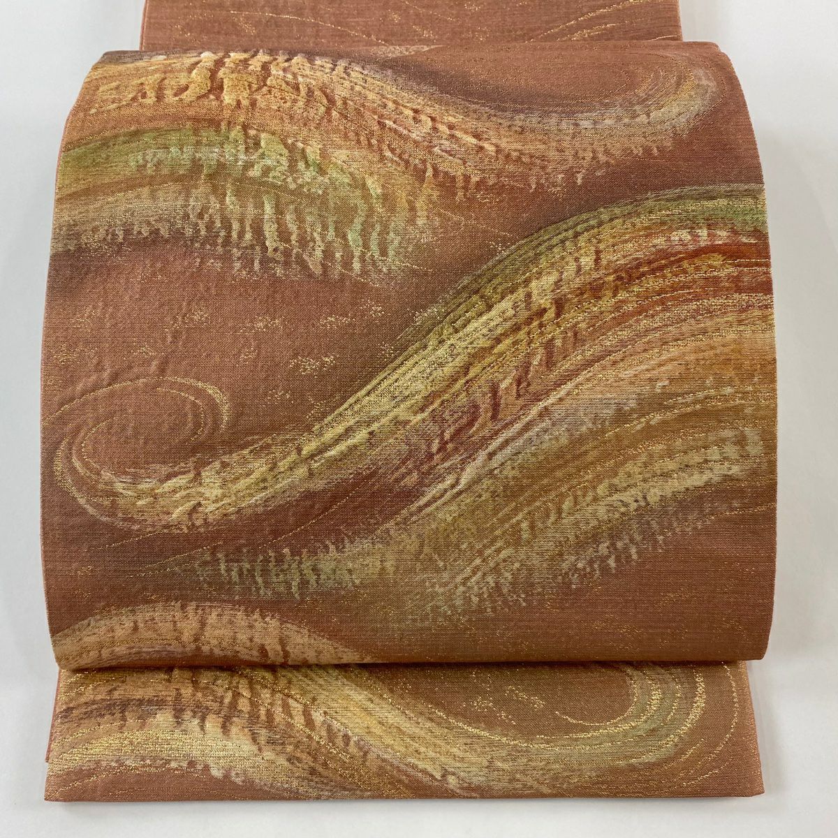【美品】 袋帶 秀品級 附落款 幾何學 金金箔 金絲 粉米色 大鼓圖案 純蠶絲