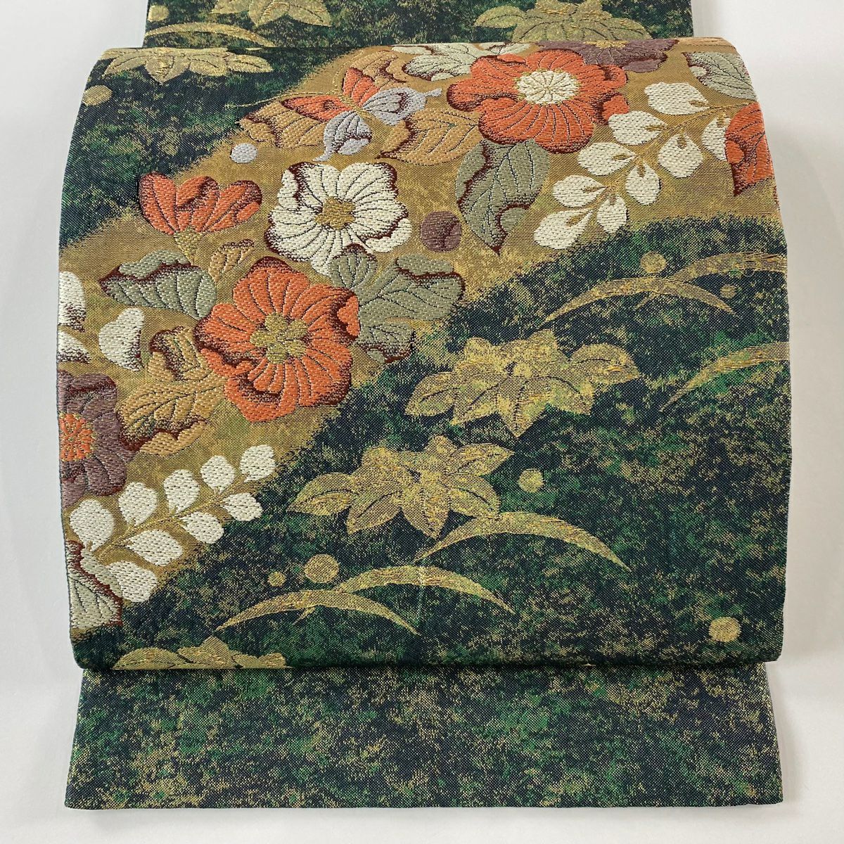 【美品】 袋帶 秀品級 草花紋紋 蝶 金糸 金金箔 深綠 六通 純蠶絲