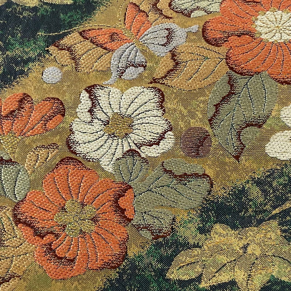 【美品】 袋帶 秀品級 草花紋紋 蝶 金糸 金金箔 深綠 六通 純蠶絲