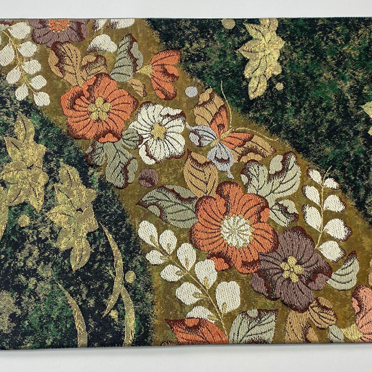 【美品】 袋帶 秀品級 草花紋紋 蝶 金糸 金金箔 深綠 六通 純蠶絲