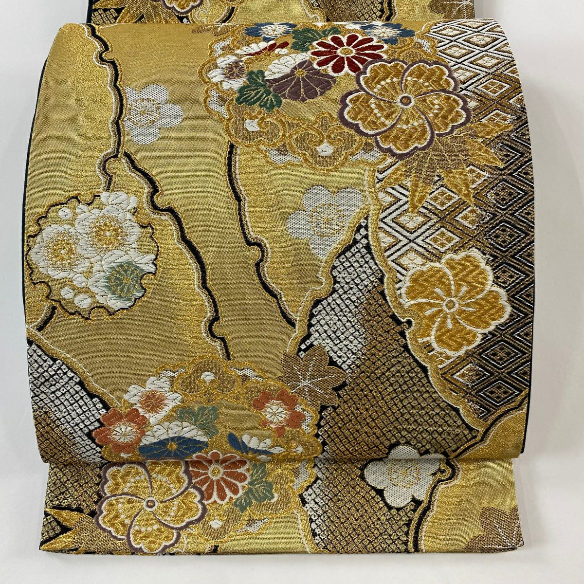 【美品】 袋帶 秀品級 花丸紋 雪輪 唐織 金金箔 金色 六通 純蠶絲