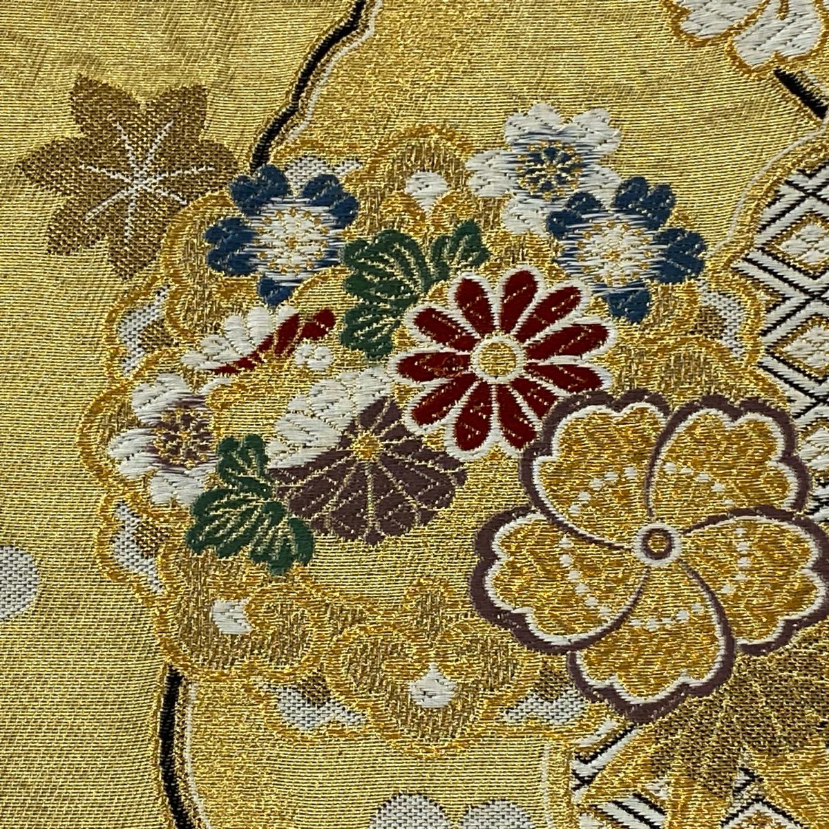 【美品】 袋帶 秀品級 花丸紋 雪輪 唐織 金金箔 金色 六通 純蠶絲