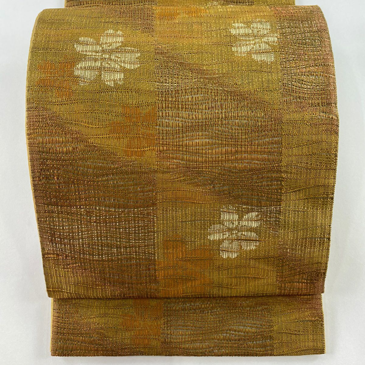 【清倉特賣】 【美品】 袋帶 名品級 附有落款 大和 花 變化市松樹 山吹茶 純蠶絲 全通