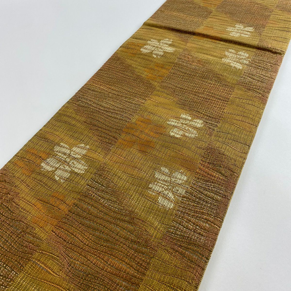 【清倉特賣】 【美品】 袋帶 名品級 附有落款 大和 花 變化市松樹 山吹茶 純蠶絲 全通