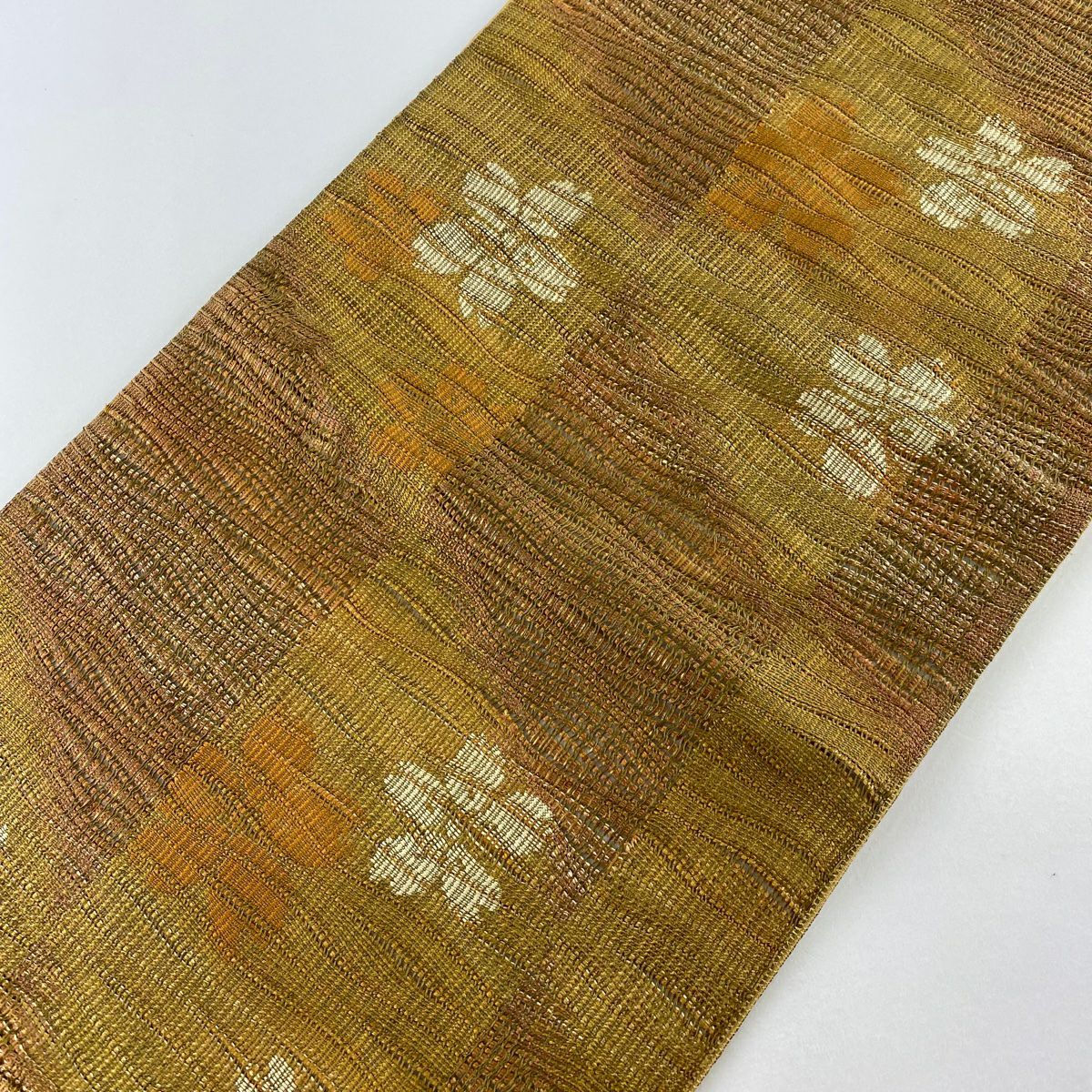 【清倉特賣】 【美品】 袋帶 名品級 附有落款 大和 花 變化市松樹 山吹茶 純蠶絲 全通