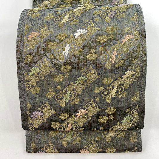 【庫存清倉】 【美品】 袋帶 名品級 草花紋紋 斜紋 金銀彩 刺繡 灰色 六通 純蠶絲