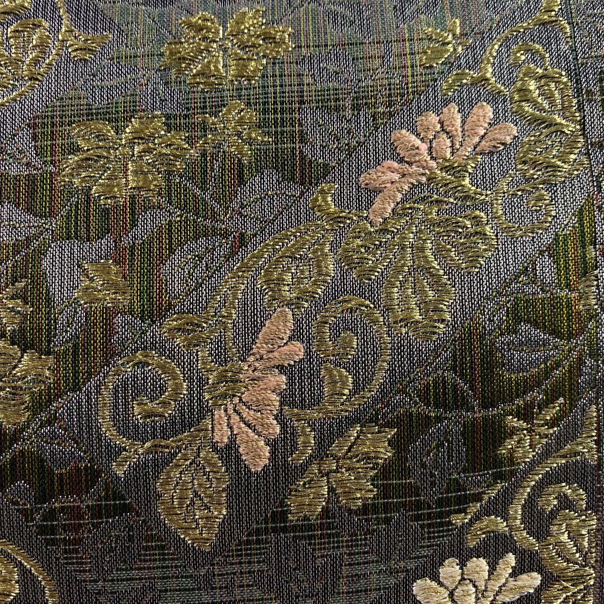 【庫存清倉】 【美品】 袋帶 名品級 草花紋紋 斜紋 金銀彩 刺繡 灰色 六通 純蠶絲