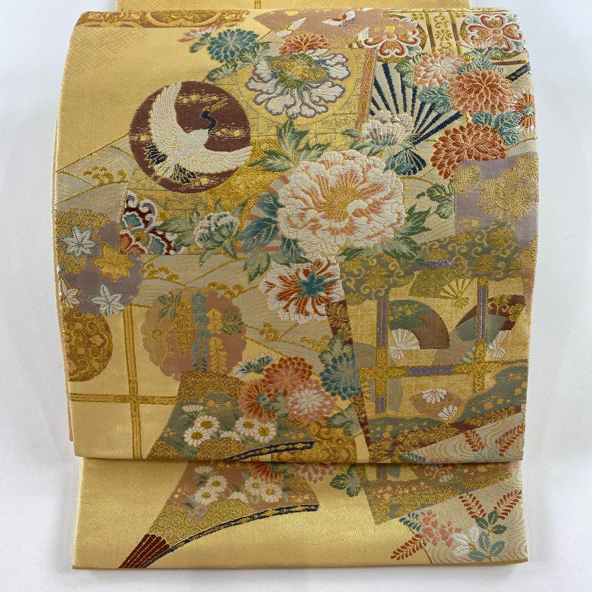 【庫存清倉】 【美品】 袋帶 名品級 扇子 草花紋 金糸 金金箔 淺橙色 大鼓圖案 純蠶絲