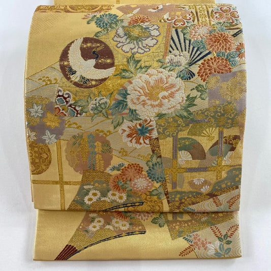 【庫存清倉】 【美品】 袋帶 名品級 扇子 草花紋 金糸 金金箔 淺橙色 大鼓圖案 純蠶絲