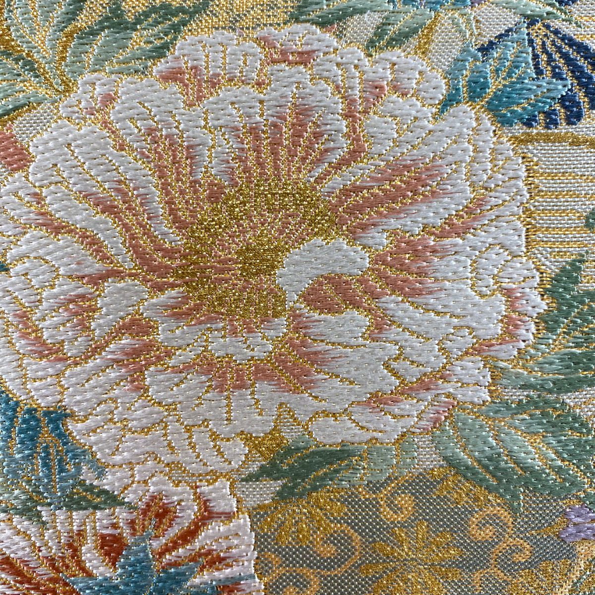 【庫存清倉】 【美品】 袋帶 名品級 扇子 草花紋 金糸 金金箔 淺橙色 大鼓圖案 純蠶絲