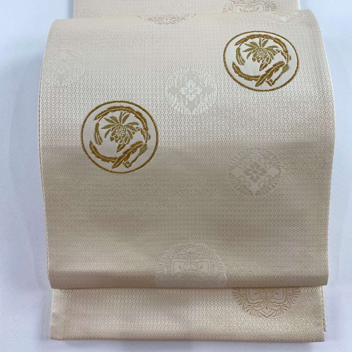【庫存清倉】 【美品】 袋帶 名品級 圓文 草花紋 金絲 金金箔 米色 大鼓圖案 純蠶絲