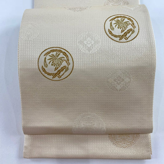 【庫存清倉】 【美品】 袋帶 名品級 圓文 草花紋 金絲 金金箔 米色 大鼓圖案 純蠶絲