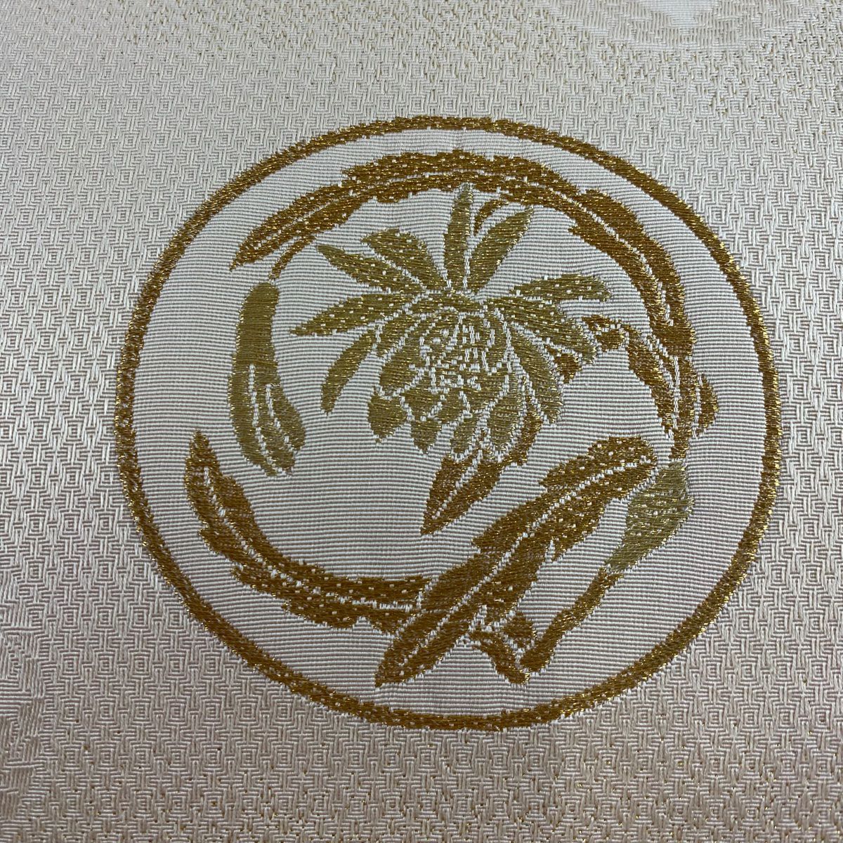 【庫存清倉】 【美品】 袋帶 名品級 圓文 草花紋 金絲 金金箔 米色 大鼓圖案 純蠶絲