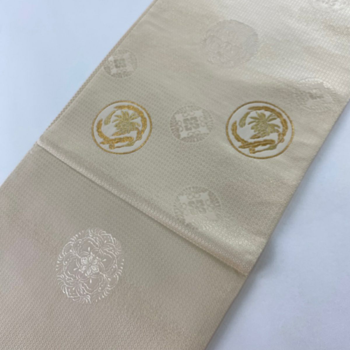 【庫存清倉】 【美品】 袋帶 名品級 圓文 草花紋 金絲 金金箔 米色 大鼓圖案 純蠶絲