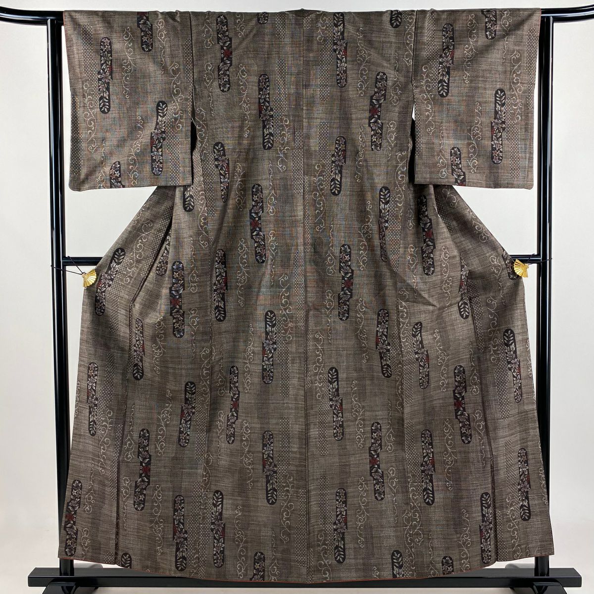 紬織 身長156.5cm 袖長63.5cm S 雙層 草花紋紋 唐草紋 焦茶 純蠶絲 秀品級