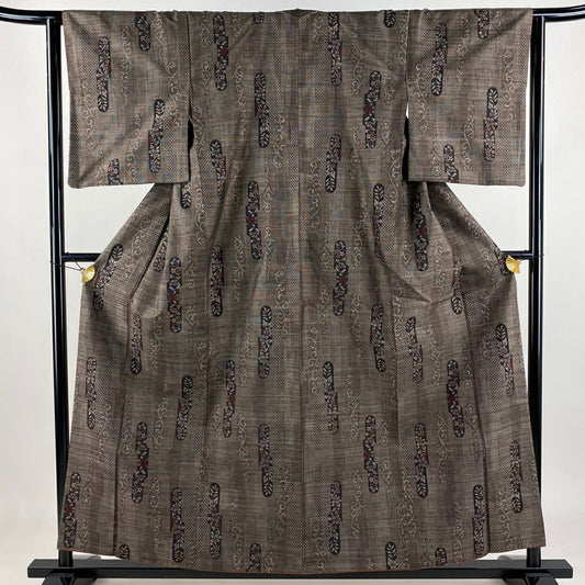紬織 身長156.5cm 袖長63.5cm S 雙層 草花紋紋 唐草紋 焦茶 純蠶絲 秀品級