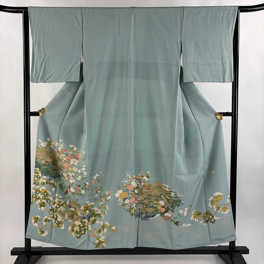色留袖禮服 身長154cm 袖長64cm M 雙層 落款あり 枝花 建物 青灰 純蠶絲 秀品級 一つ紋