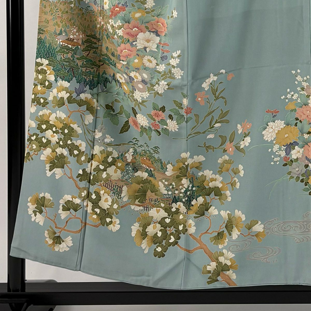 色留袖禮服 身長154cm 袖長64cm M 雙層 落款あり 枝花 建物 青灰 純蠶絲 秀品級 一つ紋