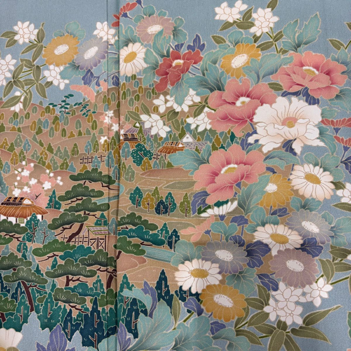 色留袖禮服 身長154cm 袖長64cm M 雙層 落款あり 枝花 建物 青灰 純蠶絲 秀品級 一つ紋