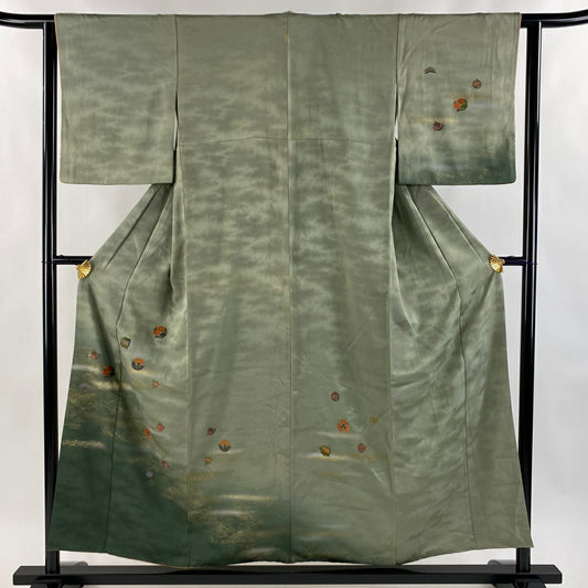付下 身長154.5cm 袖長62cm S 雙層 草花紋紋 波紋 刺繡 金銀彩 灰綠 純蠶絲 秀品級 一つ紋