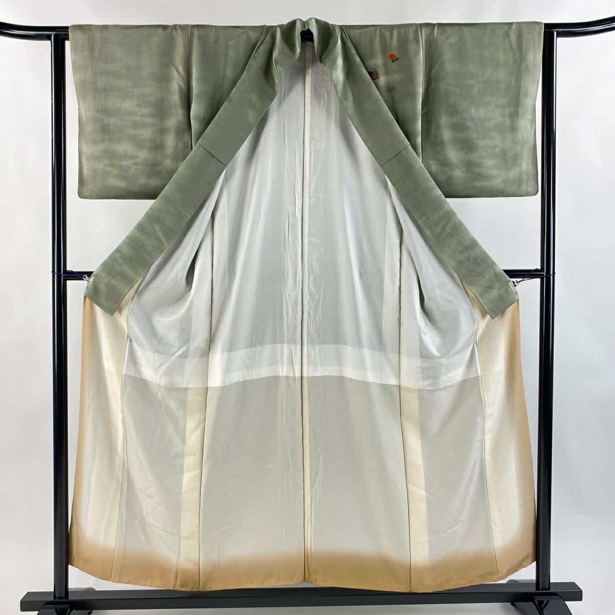 付下 身長154.5cm 袖長62cm S 雙層 草花紋紋 波紋 刺繡 金銀彩 灰綠 純蠶絲 秀品級 一つ紋