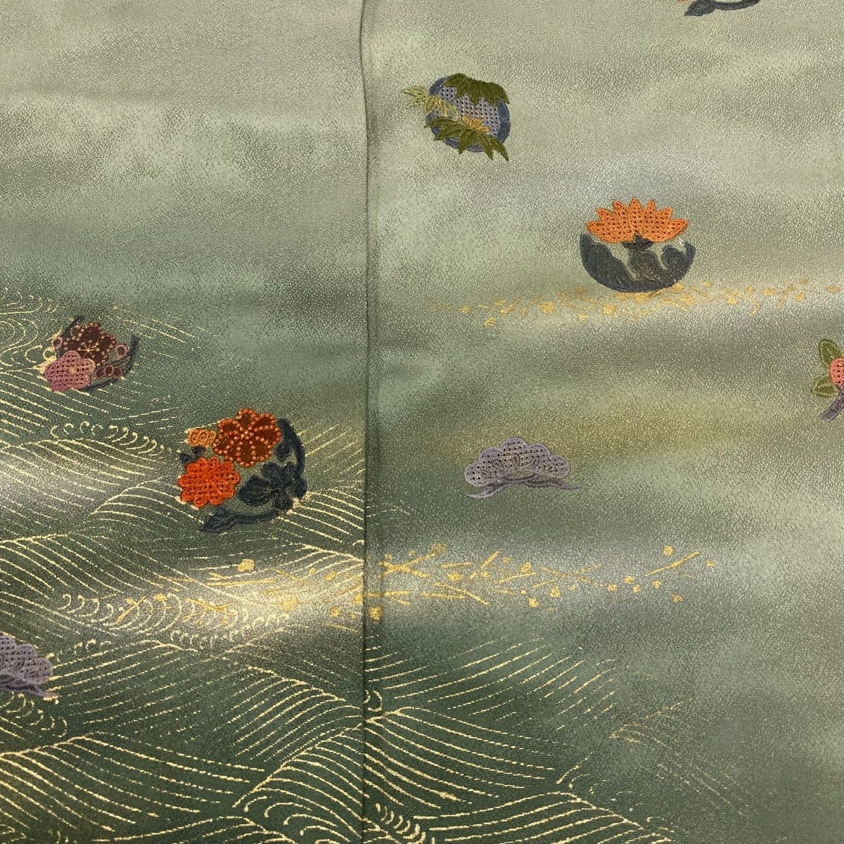 付下 身長154.5cm 袖長62cm S 雙層 草花紋紋 波紋 刺繡 金銀彩 灰綠 純蠶絲 秀品級 一つ紋
