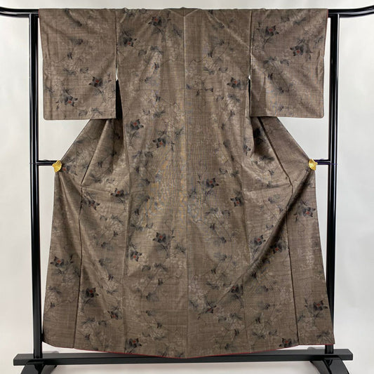 【美品】 紬織 身長158cm 袖長62.5cm S 雙層 草花紋 茶 純蠶絲 秀品級