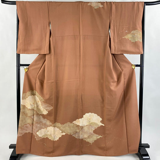 訪問服 身長164.5cm 袖長67cm M 雙層 草花紋紋 雲文刺繡 金糸 紅茶 純蠶絲 秀品級