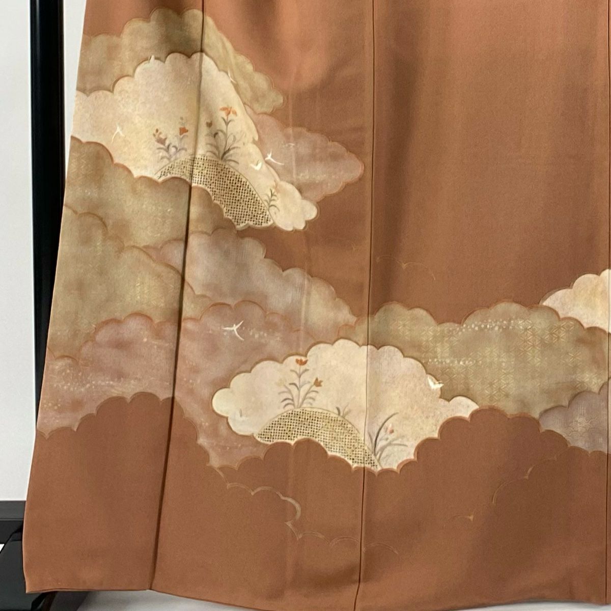 訪問服 身長164.5cm 袖長67cm M 雙層 草花紋紋 雲文刺繡 金糸 紅茶 純蠶絲 秀品級