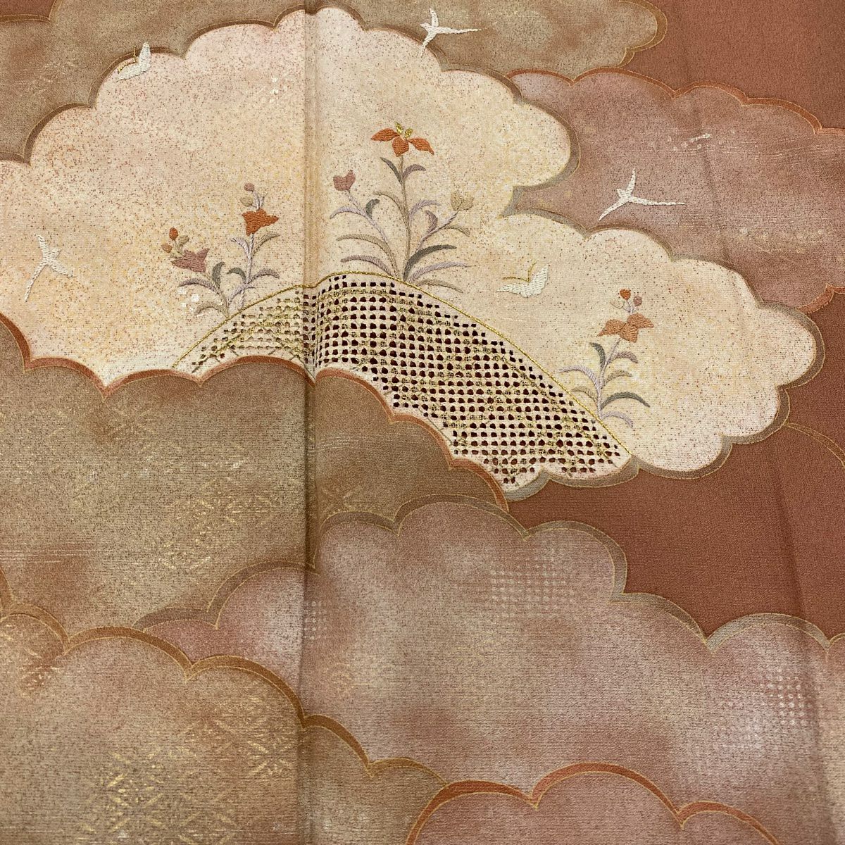 訪問服 身長164.5cm 袖長67cm M 雙層 草花紋紋 雲文刺繡 金糸 紅茶 純蠶絲 秀品級