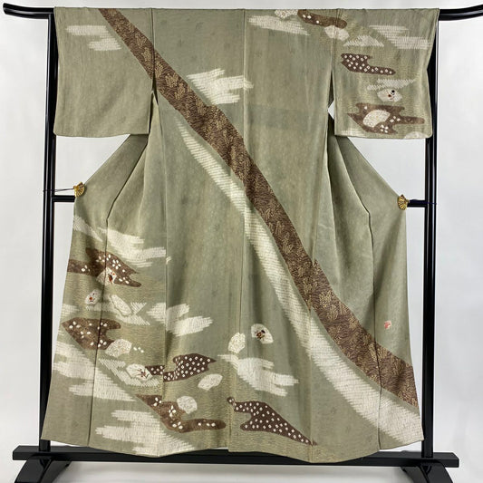 訪問服 身長154.5cm 袖長65cm M 雙層 落款あり 草花紋紋 霞刺繡 絞染 灰綠 純蠶絲 秀品級