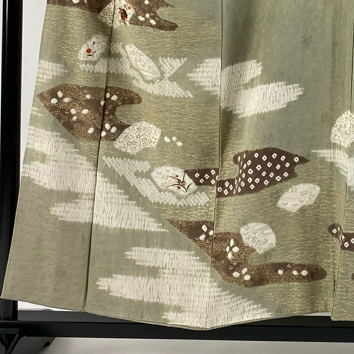 訪問服 身長154.5cm 袖長65cm M 雙層 落款あり 草花紋紋 霞刺繡 絞染 灰綠 純蠶絲 秀品級