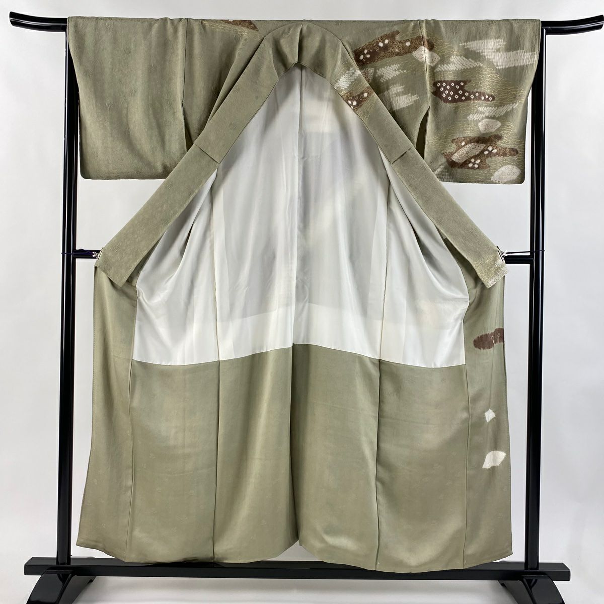訪問服 身長154.5cm 袖長65cm M 雙層 落款あり 草花紋紋 霞刺繡 絞染 灰綠 純蠶絲 秀品級
