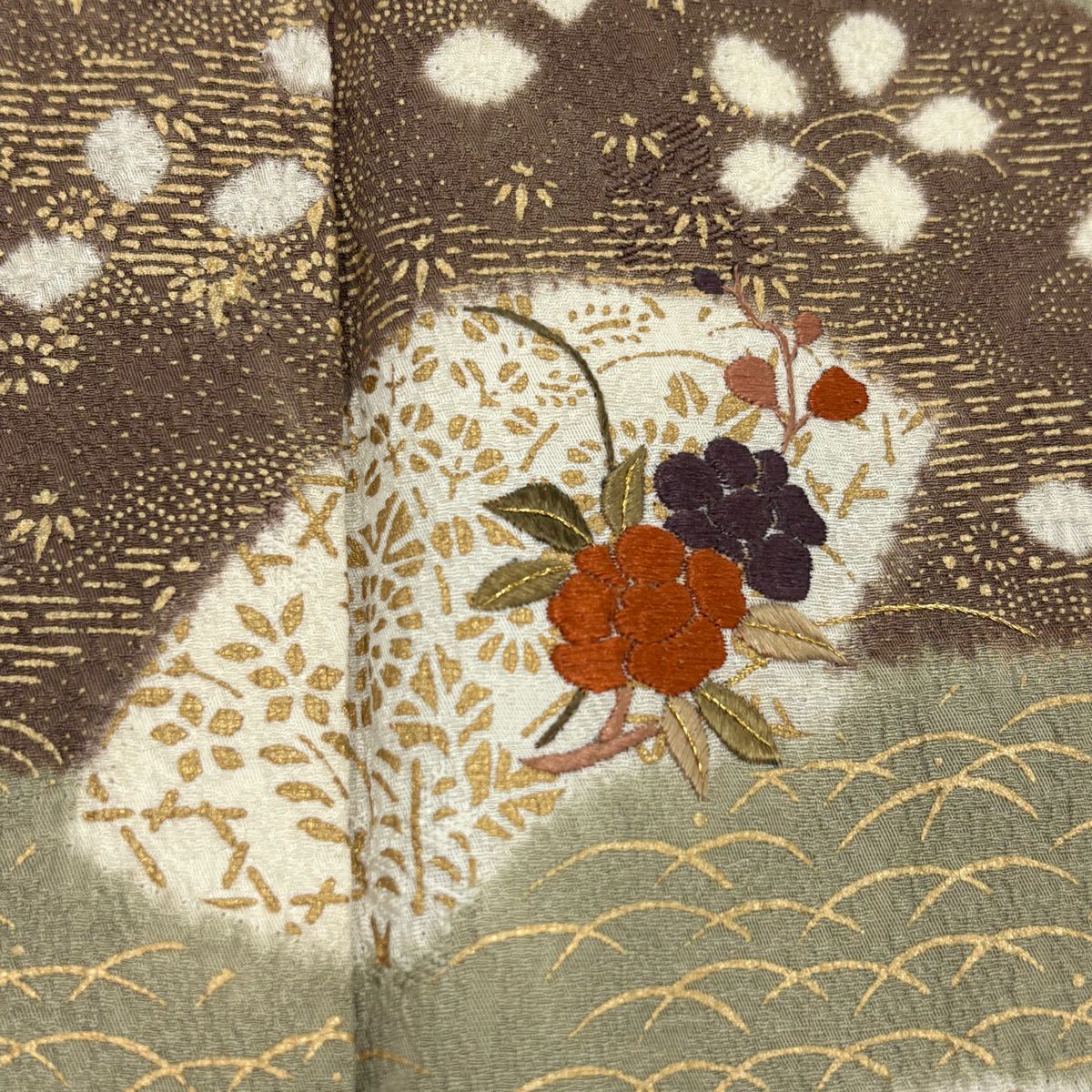 訪問服 身長154.5cm 袖長65cm M 雙層 落款あり 草花紋紋 霞刺繡 絞染 灰綠 純蠶絲 秀品級