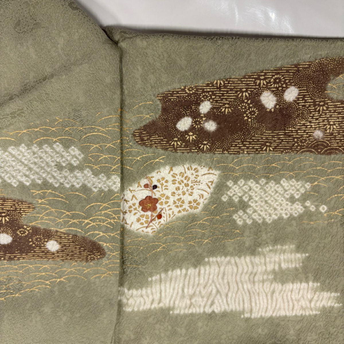 訪問服 身長154.5cm 袖長65cm M 雙層 落款あり 草花紋紋 霞刺繡 絞染 灰綠 純蠶絲 秀品級