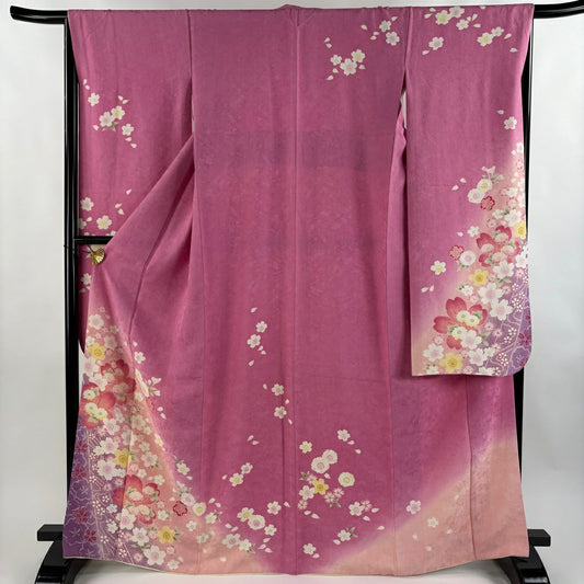 振袖禮服 身長167cm 袖長66.5cm M 雙層櫻花瓣金銀彩暈染粉紅純蠶絲名品級