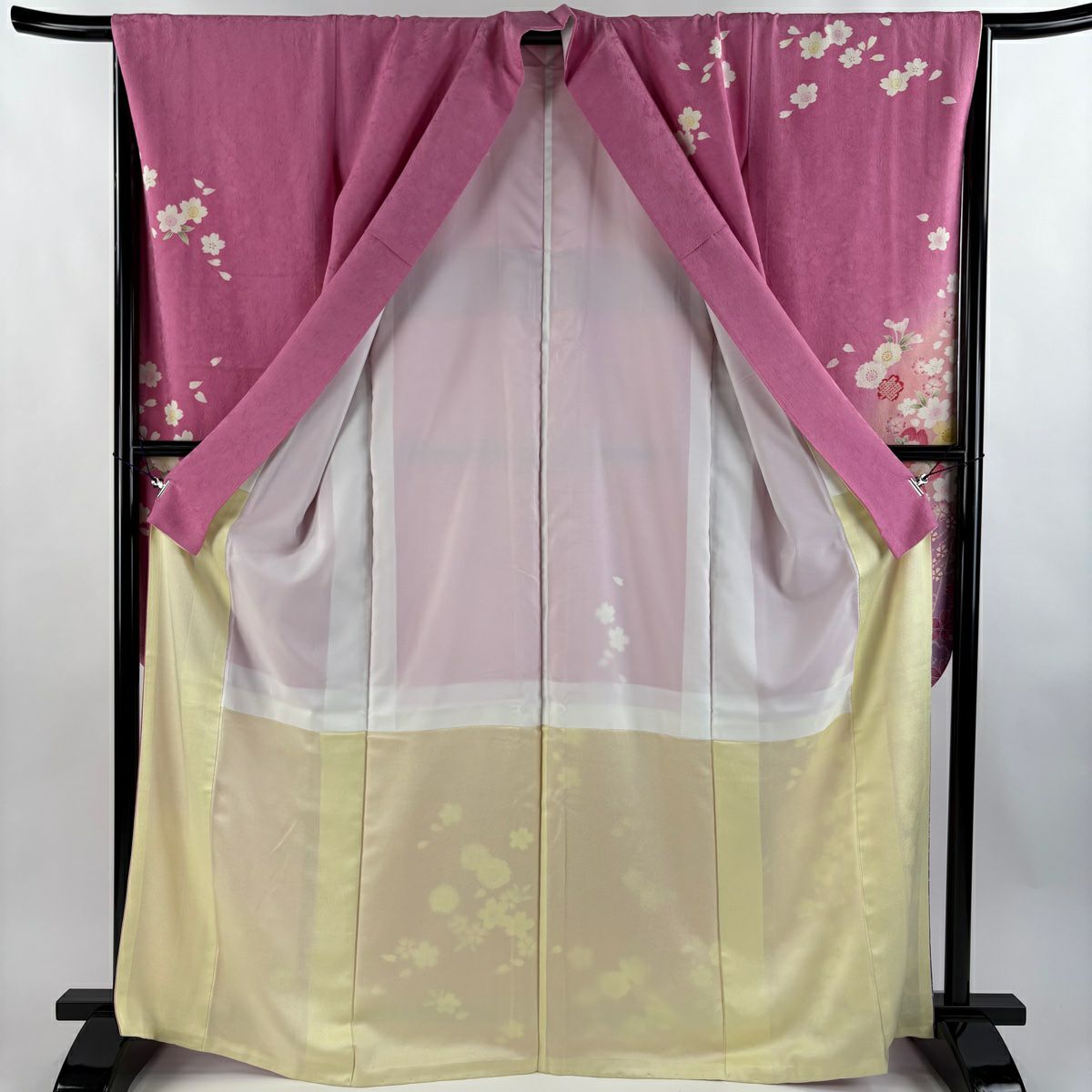 振袖禮服 身長167cm 袖長66.5cm M 雙層櫻花瓣金銀彩暈染粉紅純蠶絲名品級