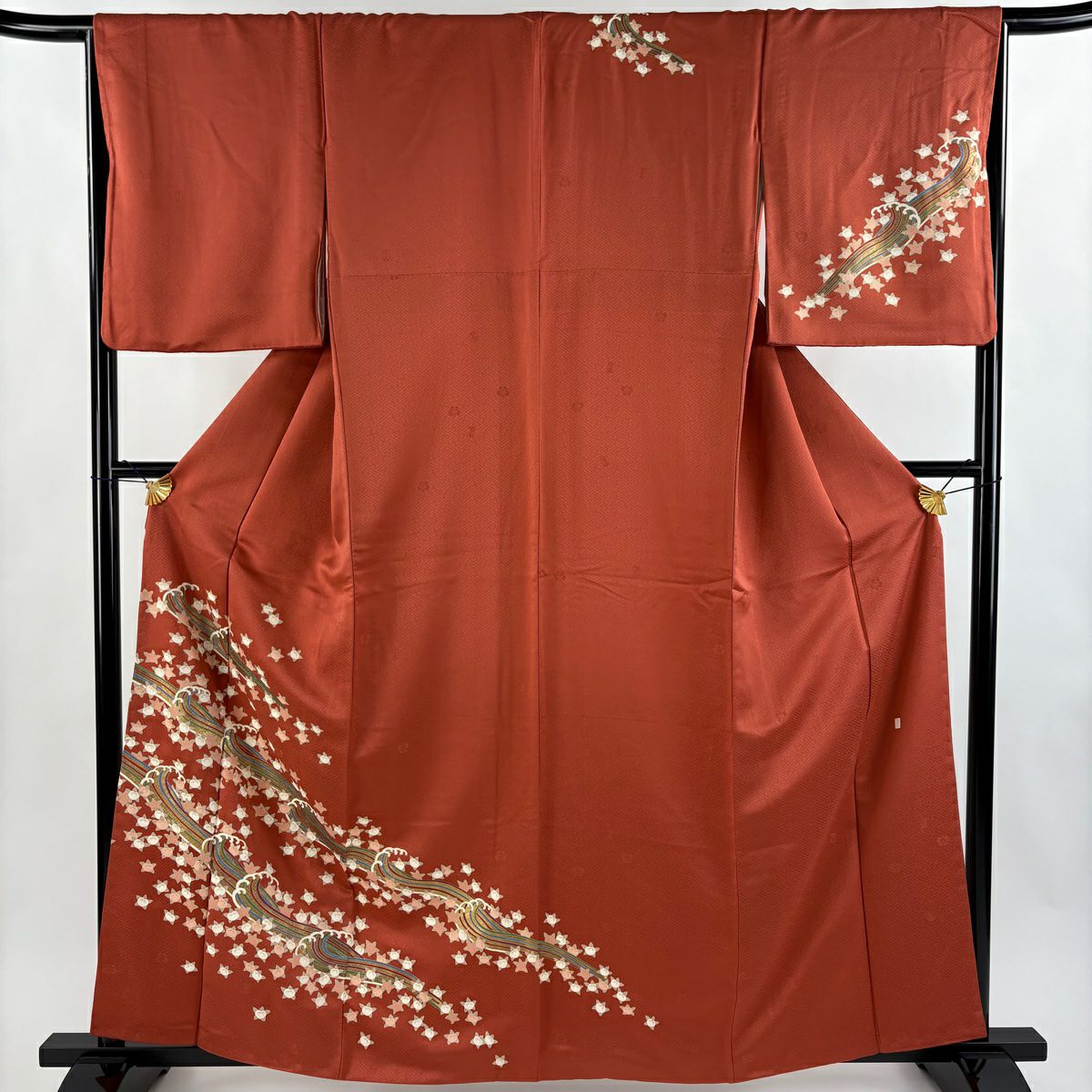 【庫存清倉】訪問服 身長161.5cm 袖長66cm M 雙層 吾妻德穗 落款あり 橘 波頭 金絲 金銀彩 紅茶 純蠶絲 名品級