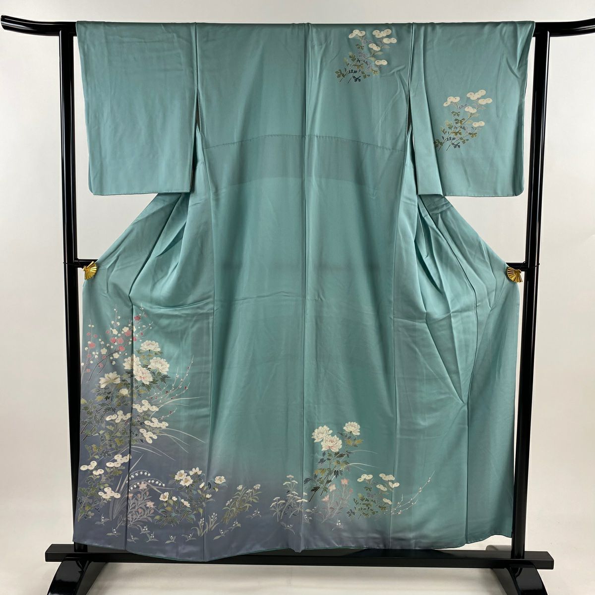 訪問服 身長155cm 袖長63cm S 雙層 萬壽菊花 牡丹 漸層 水藍 純蠶絲 優品級