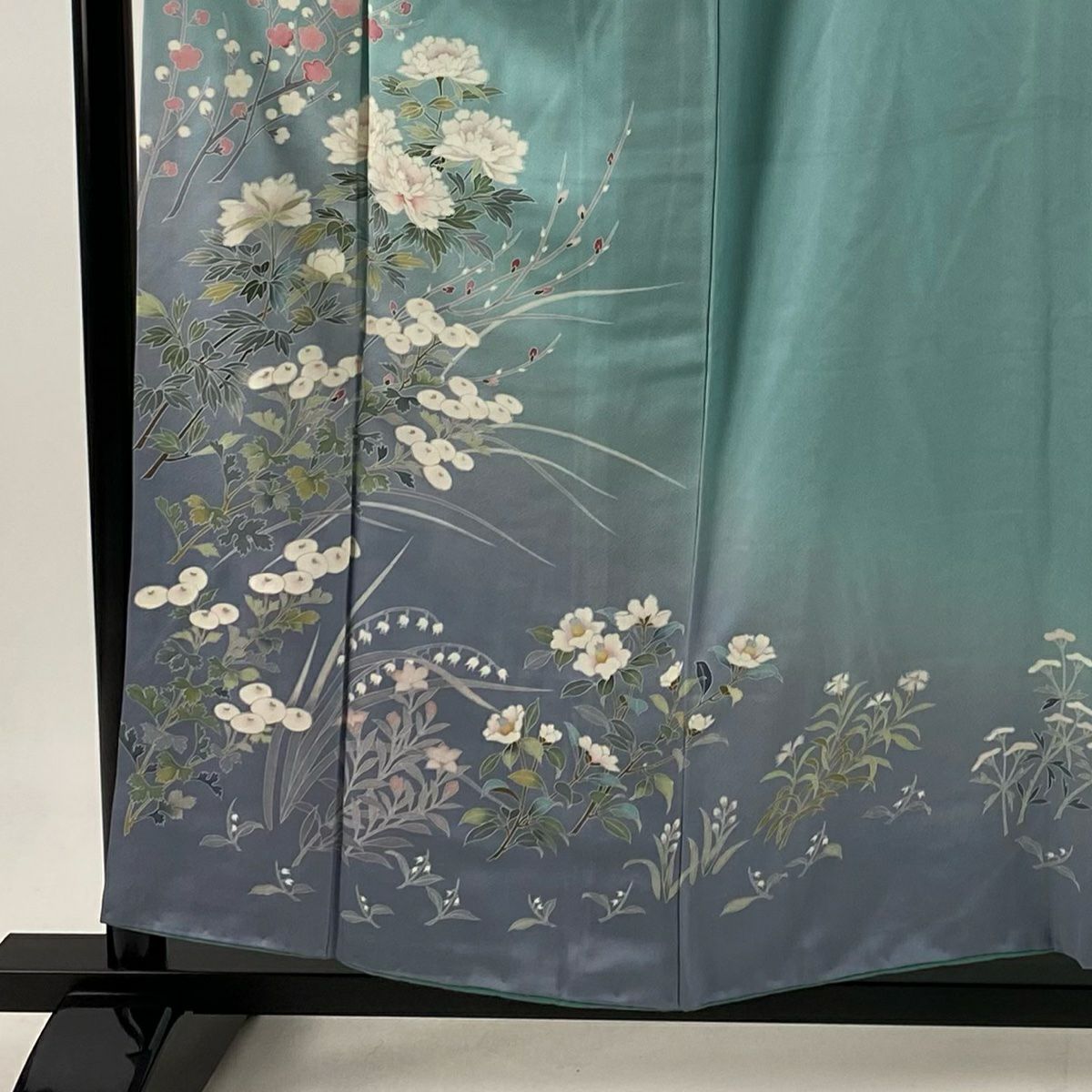 訪問服 身長155cm 袖長63cm S 雙層 萬壽菊花 牡丹 漸層 水藍 純蠶絲 優品級