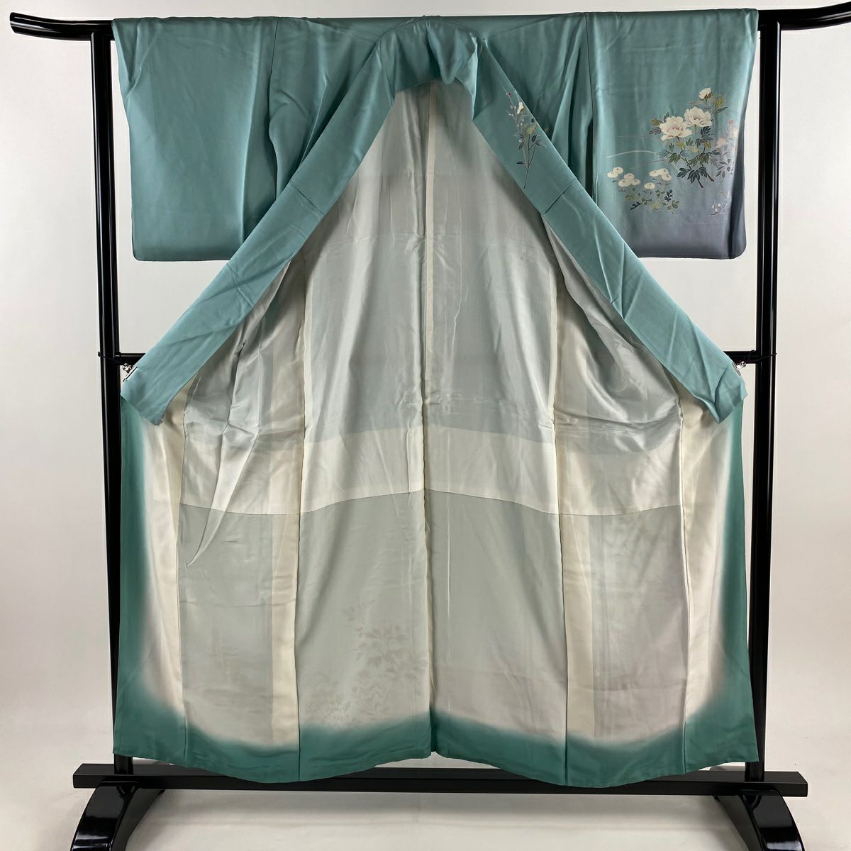 訪問服 身長155cm 袖長63cm S 雙層 萬壽菊花 牡丹 漸層 水藍 純蠶絲 優品級
