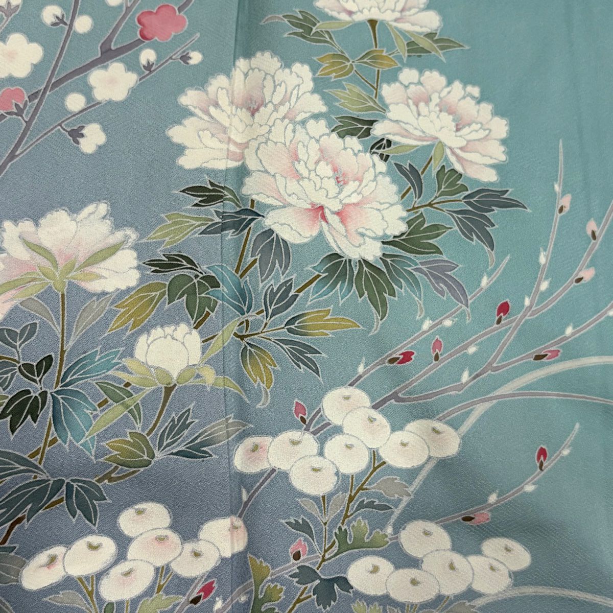 訪問服 身長155cm 袖長63cm S 雙層 萬壽菊花 牡丹 漸層 水藍 純蠶絲 優品級