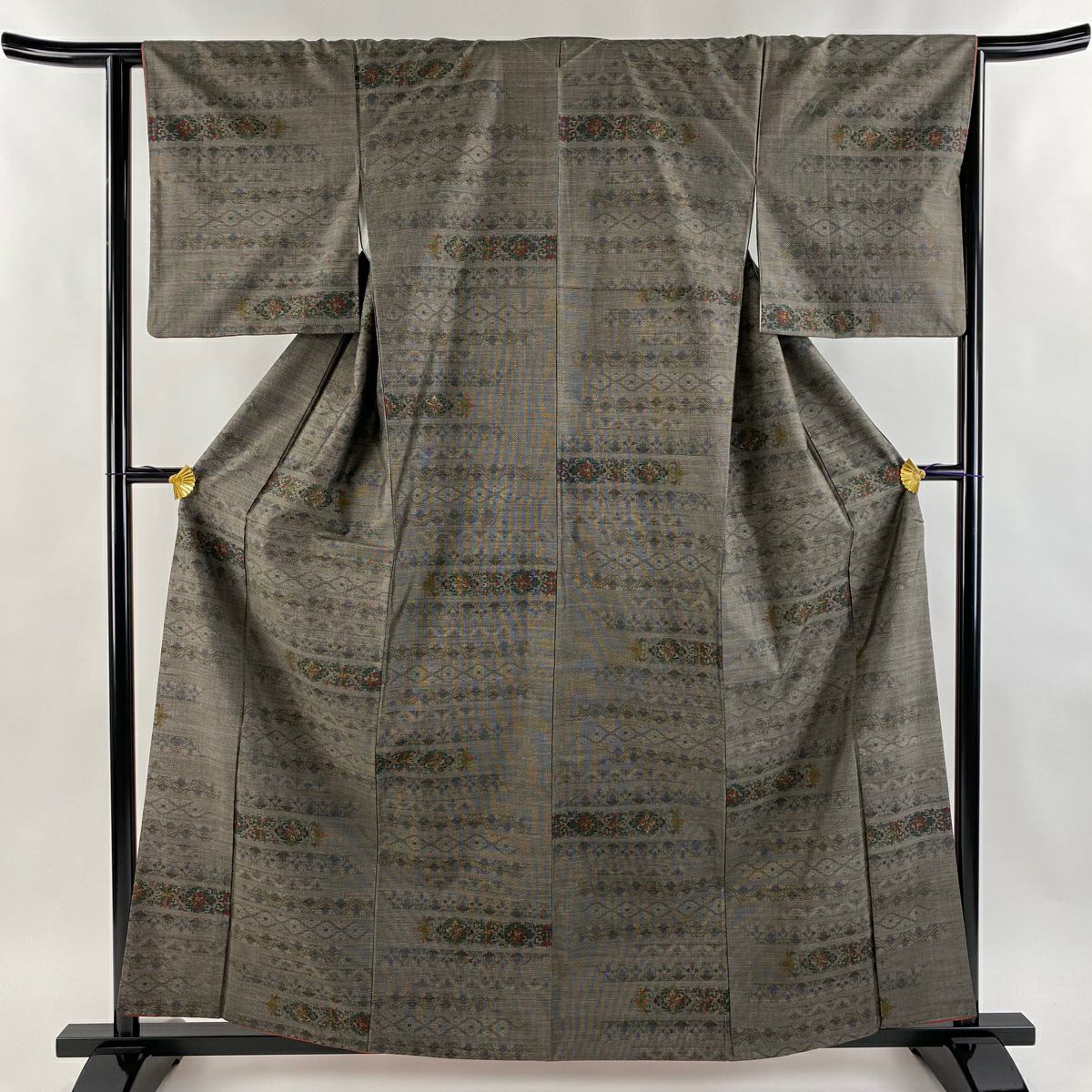 【美品】 紬織 身長160.5cm 袖長63.5cm S 雙層 花菱 草花紋紋 黑灰 純蠶絲 秀品級